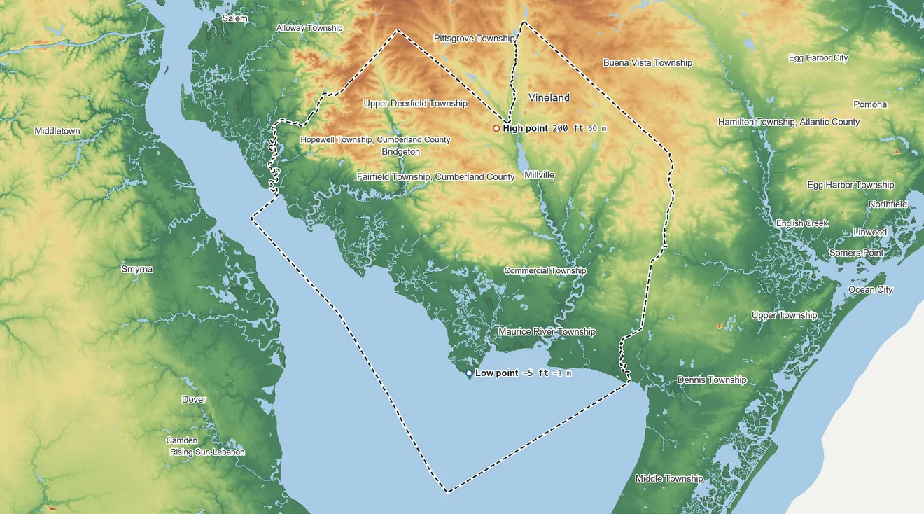 Topographic elevation map of Cumberland County, New Jersey, shaded from 5 ft below sea level on the south side to 200 ft on the north side
