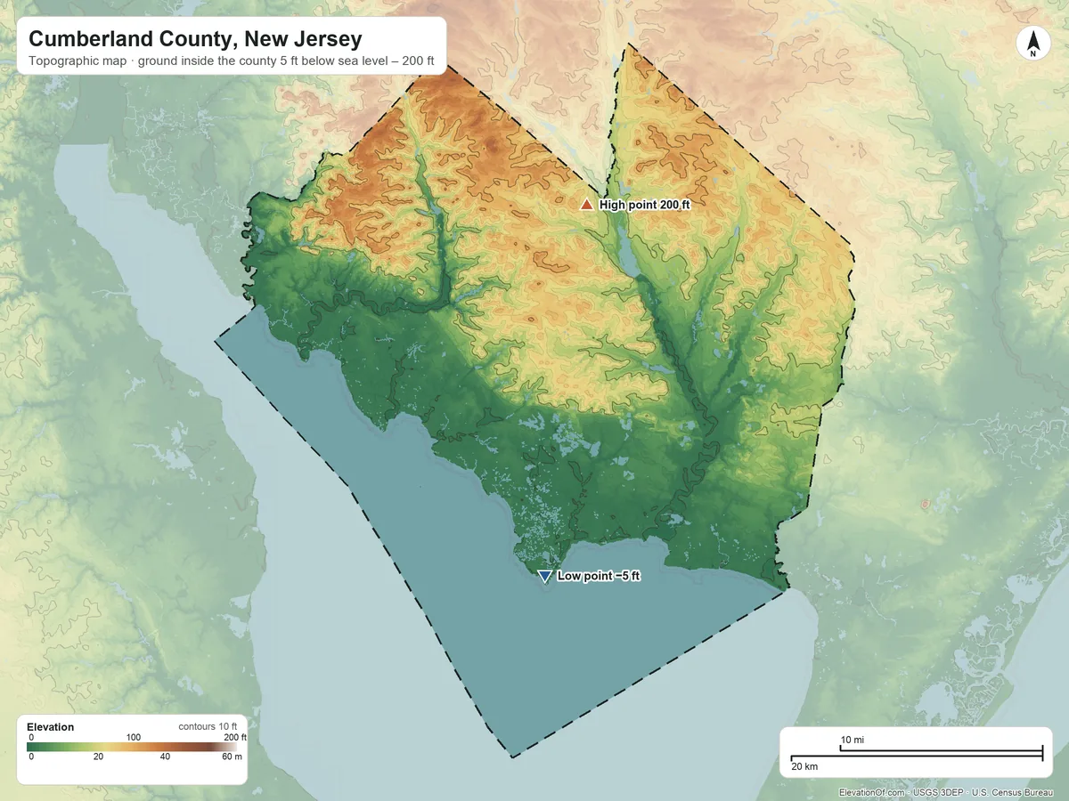 Topographic elevation map of Cumberland County, New Jersey, shaded from 5 ft below sea level on the south side to 200 ft on the north side
