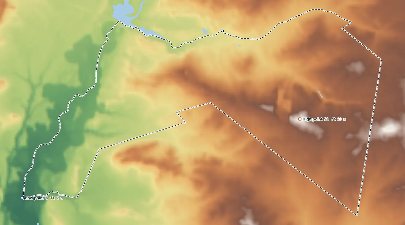 Topographic elevation map of Cumberland-Hesstown, New Jersey, shaded from 6 ft on the southwest side to 91 ft on the southeast side