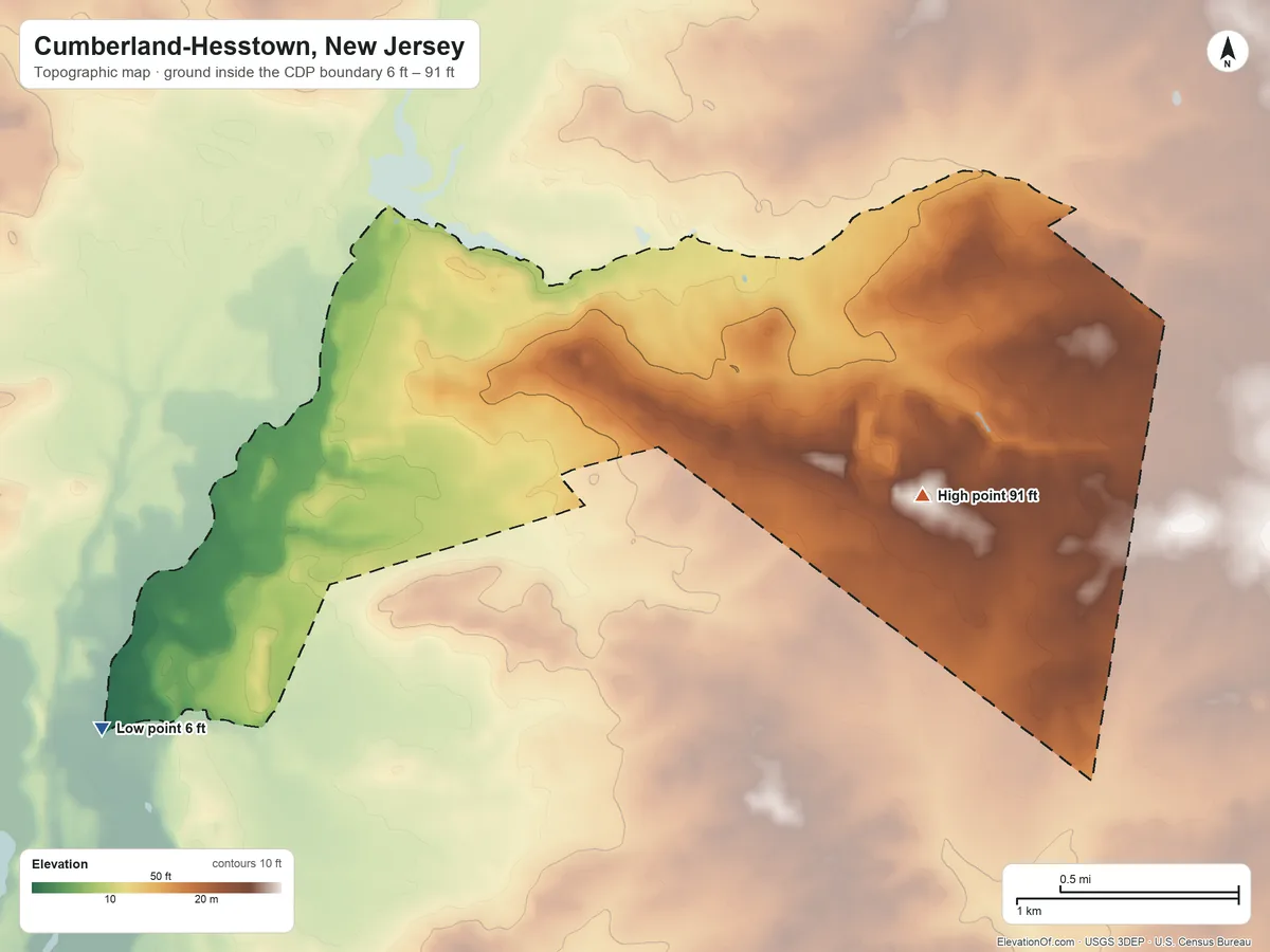 Topographic elevation map of Cumberland-Hesstown, New Jersey, shaded from 6 ft on the southwest side to 91 ft on the southeast side