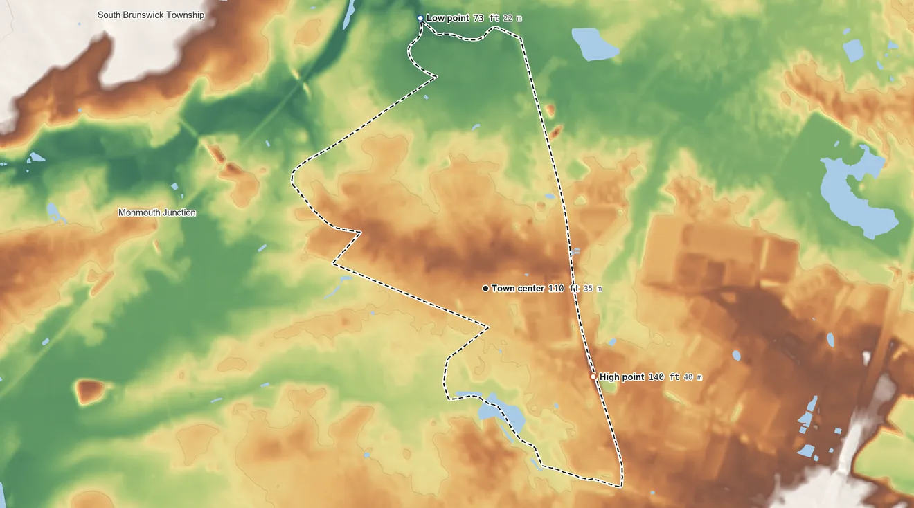 Topographic elevation map of Dayton, New Jersey, shaded from 73 ft on the north side to 140 ft on the southeast side