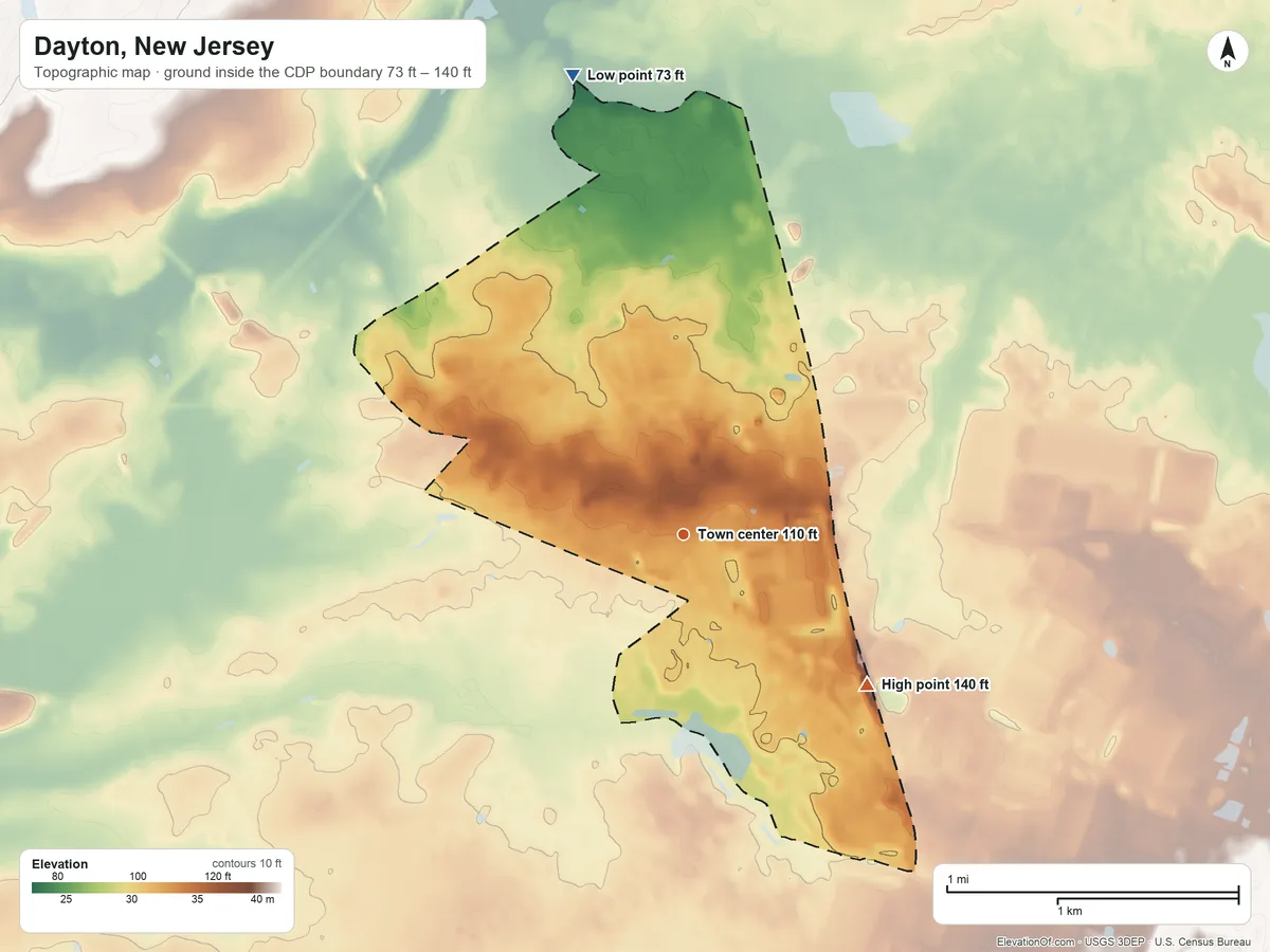 Topographic elevation map of Dayton, New Jersey, shaded from 73 ft on the north side to 140 ft on the southeast side