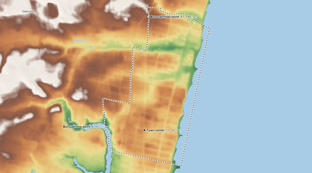 Topographic elevation map of Deal, New Jersey, shaded from 4 ft on the west side to 47 ft on the north side