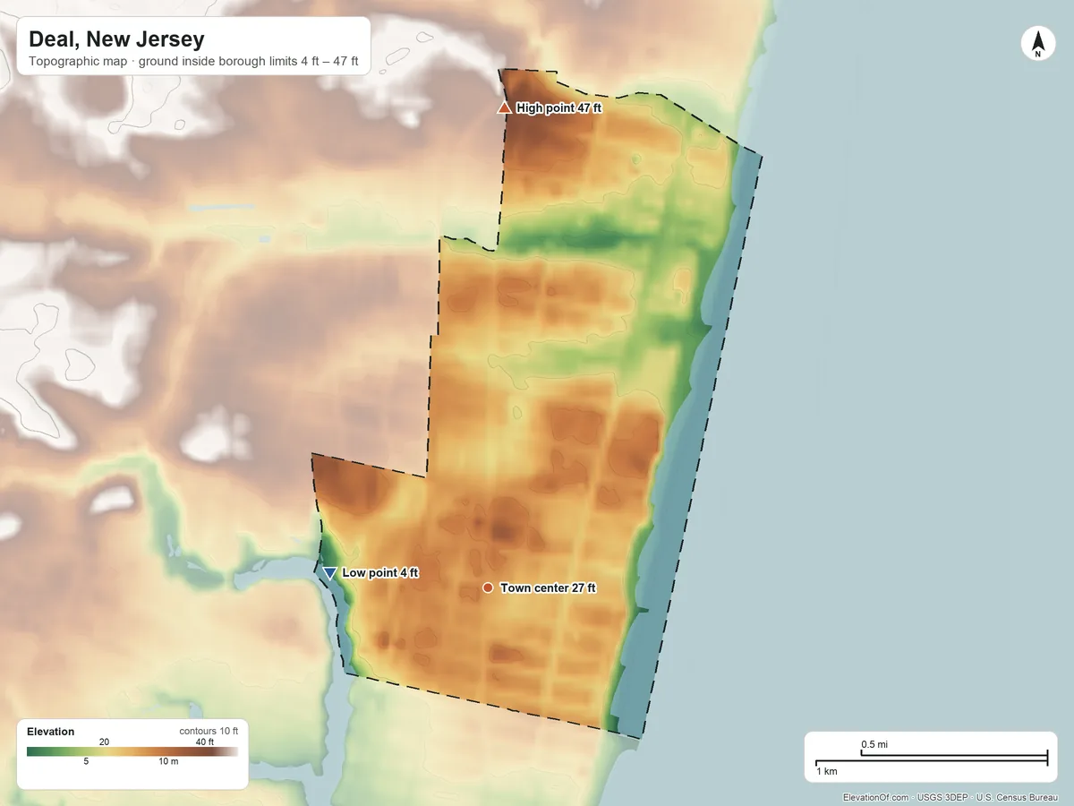 Topographic elevation map of Deal, New Jersey, shaded from 4 ft on the west side to 47 ft on the north side
