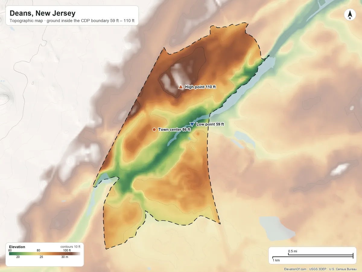 Topographic elevation map of Deans, New Jersey, shaded from 59 ft on the east side to 110 ft on the northeast side