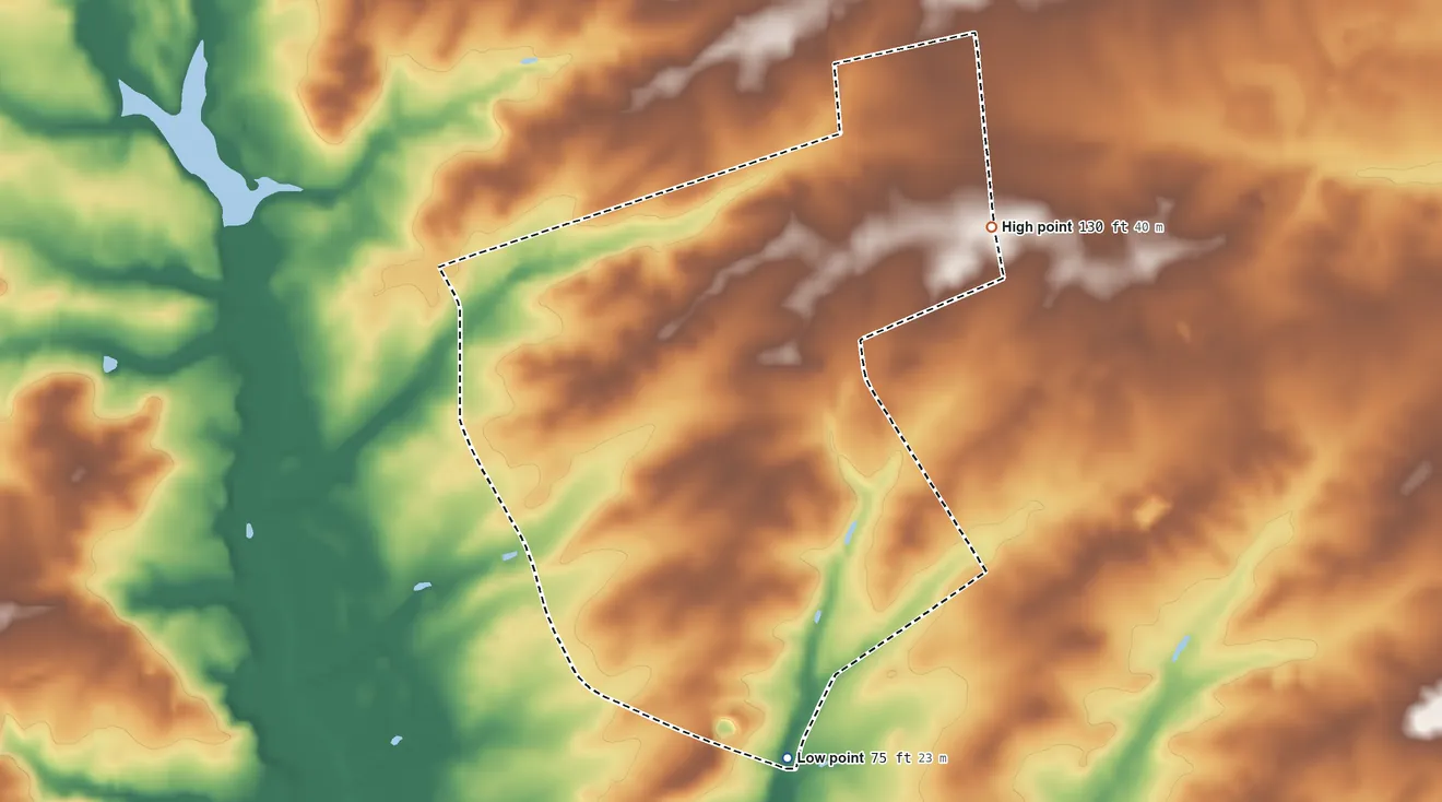 Topographic elevation map of Deerfield Street, New Jersey, shaded from 75 ft on the south side to 130 ft on the northeast side