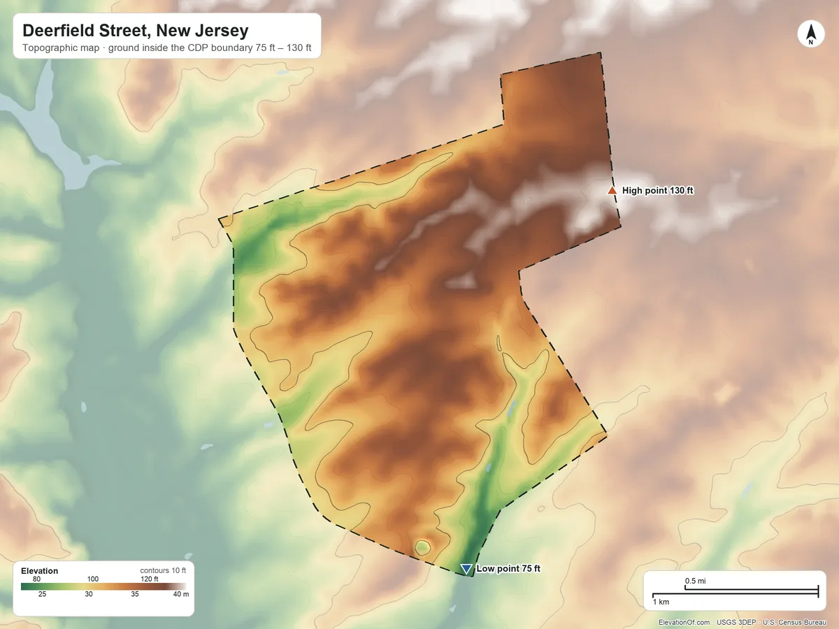 Topographic elevation map of Deerfield Street, New Jersey, shaded from 75 ft on the south side to 130 ft on the northeast side