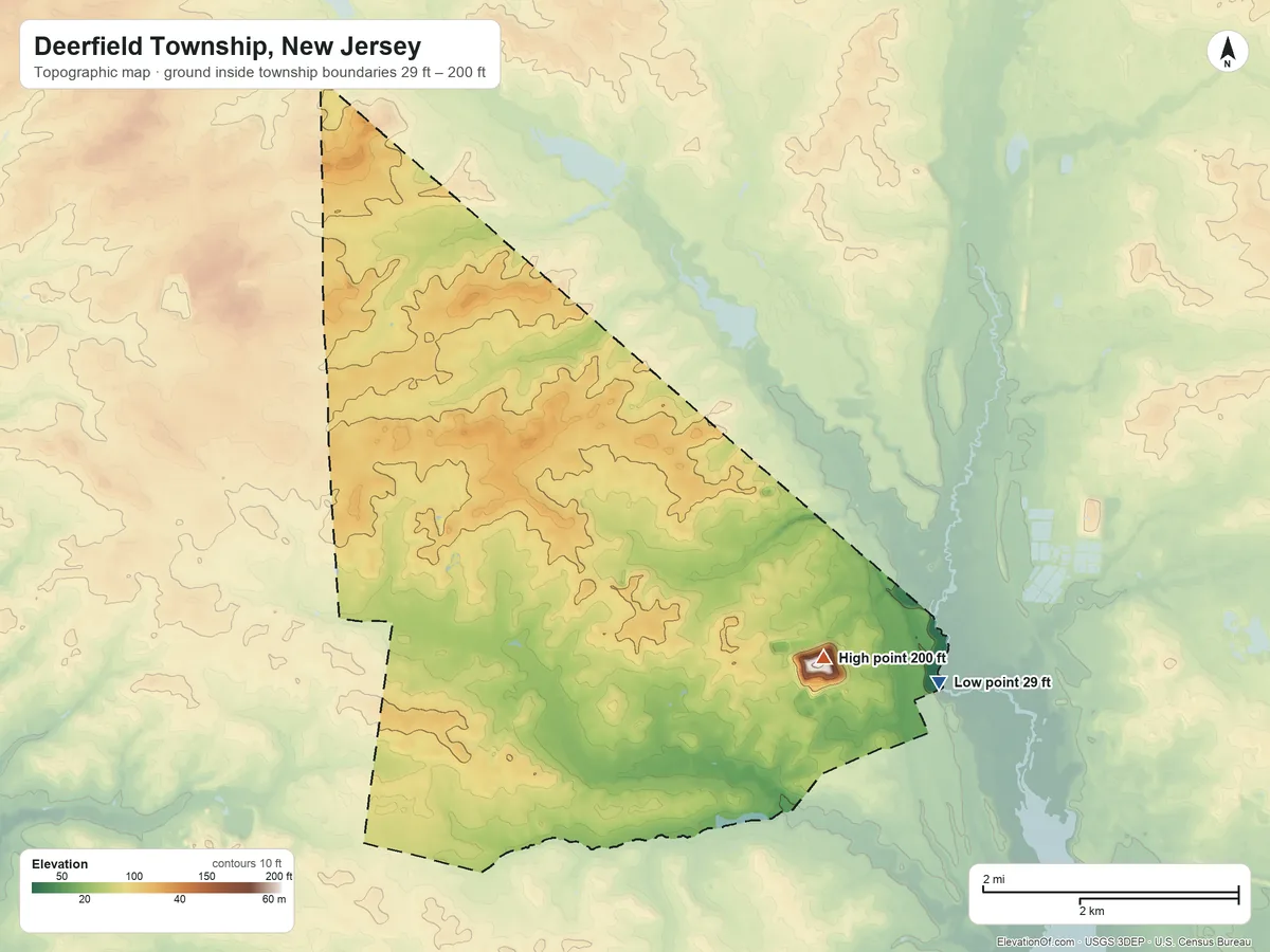 Topographic elevation map of Deerfield Township, New Jersey, shaded from 29 ft on the southeast side to 200 ft on the southeast side