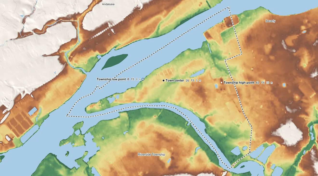 Topographic elevation map of Delanco Township, New Jersey, shaded from 0 ft near the middle to 42 ft on the east side