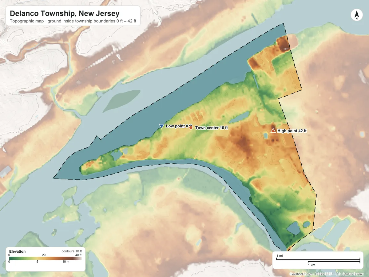 Topographic elevation map of Delanco Township, New Jersey, shaded from 0 ft near the middle to 42 ft on the east side