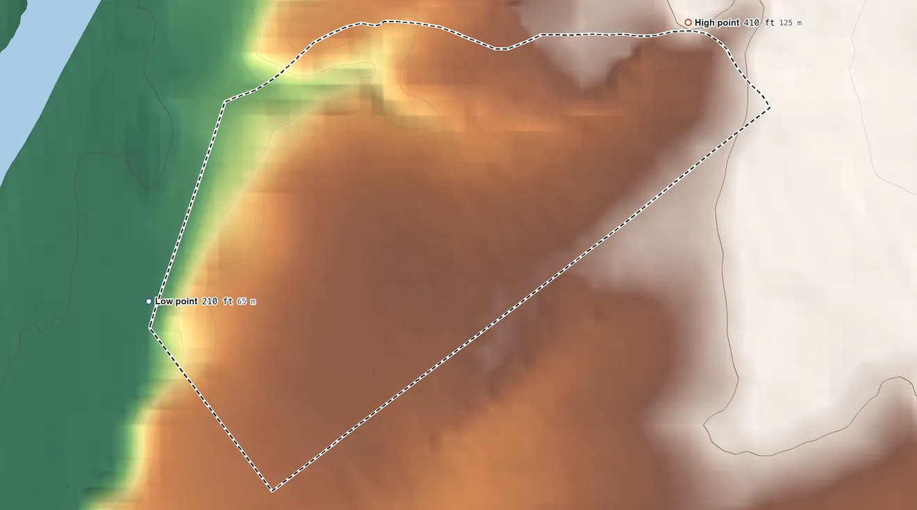 Topographic elevation map of Delaware Park, New Jersey, shaded from 210 ft on the west side to 410 ft on the northeast edge, below higher ground just outside