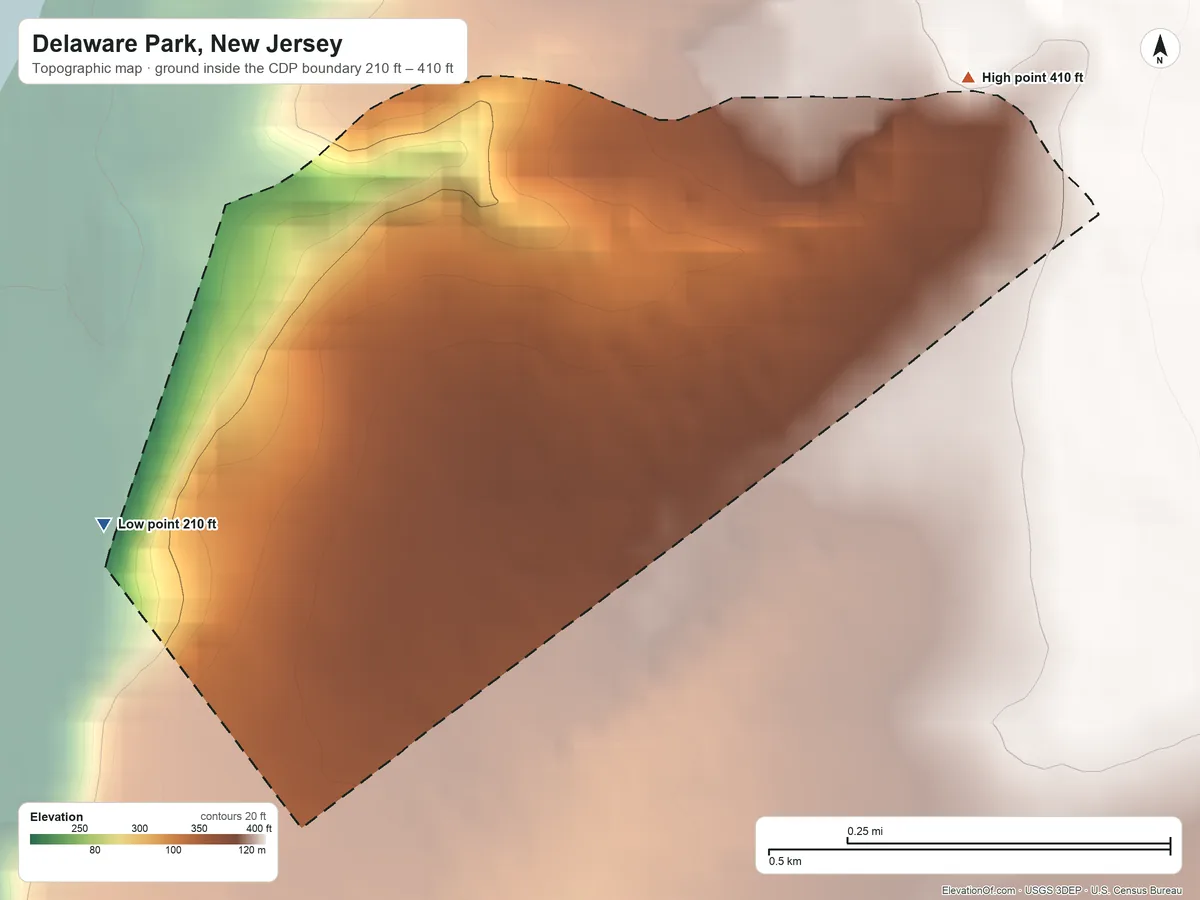 Topographic elevation map of Delaware Park, New Jersey, shaded from 210 ft on the west side to 410 ft on the northeast edge, below higher ground just outside