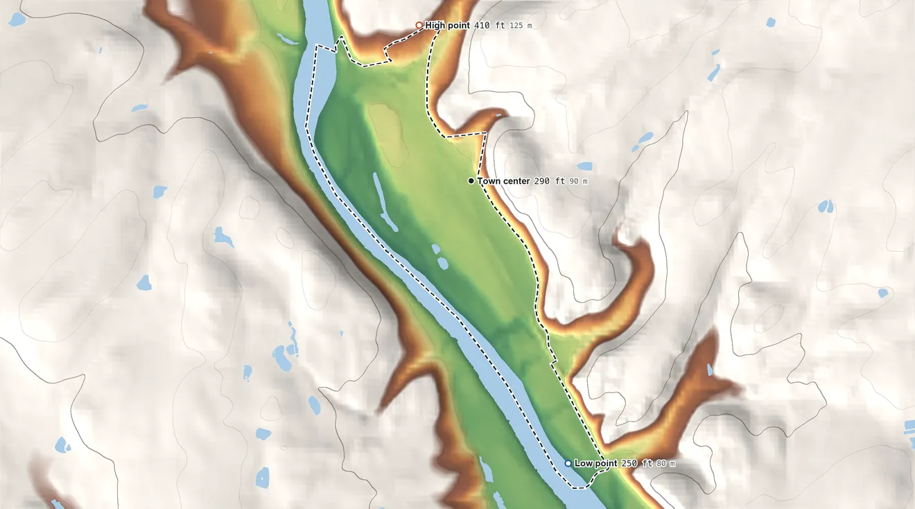Topographic elevation map of Delaware, New Jersey, shaded from 250 ft on the south side to 410 ft on the north edge, below higher ground just outside