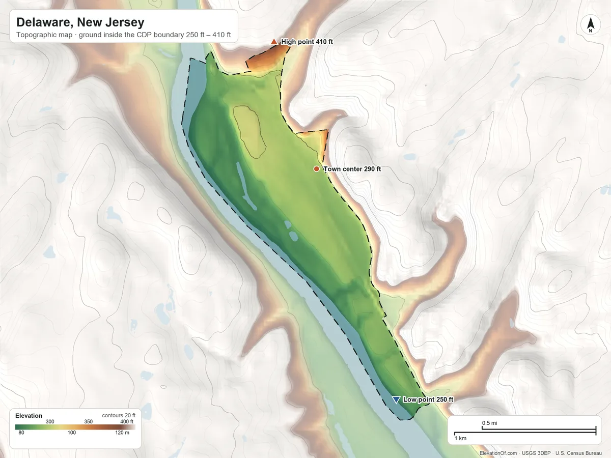 Topographic elevation map of Delaware, New Jersey, shaded from 250 ft on the south side to 410 ft on the north edge, below higher ground just outside