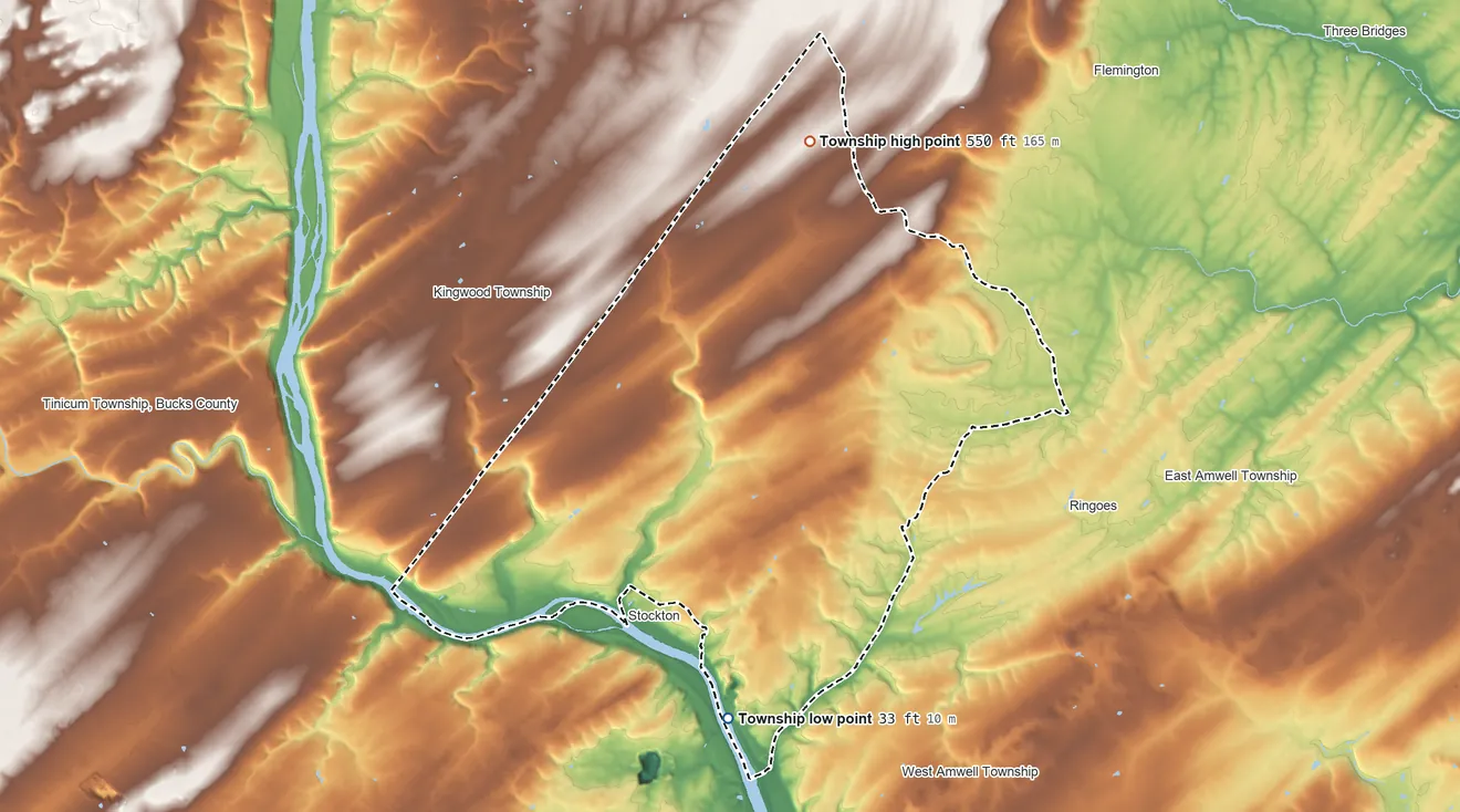 Topographic elevation map of Delaware Township, New Jersey, shaded from 33 ft on the south side to 550 ft on the north side