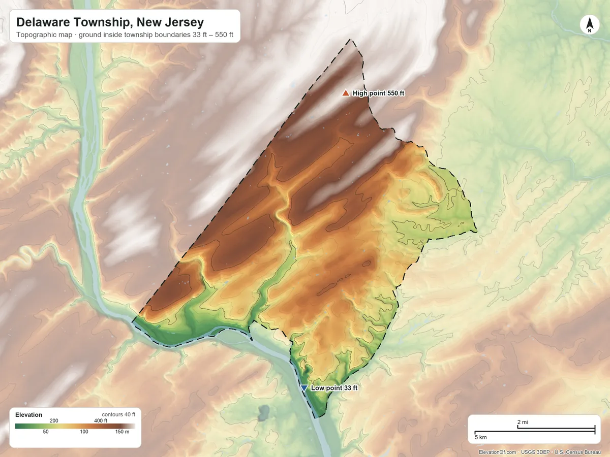 Topographic elevation map of Delaware Township, New Jersey, shaded from 33 ft on the south side to 550 ft on the north side