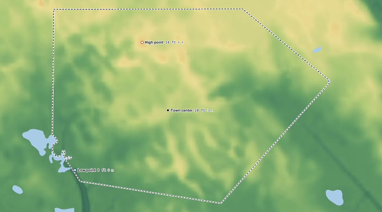 Topographic elevation map of Delmont, New Jersey, shaded from 0 ft on the southwest side to 14 ft on the north side