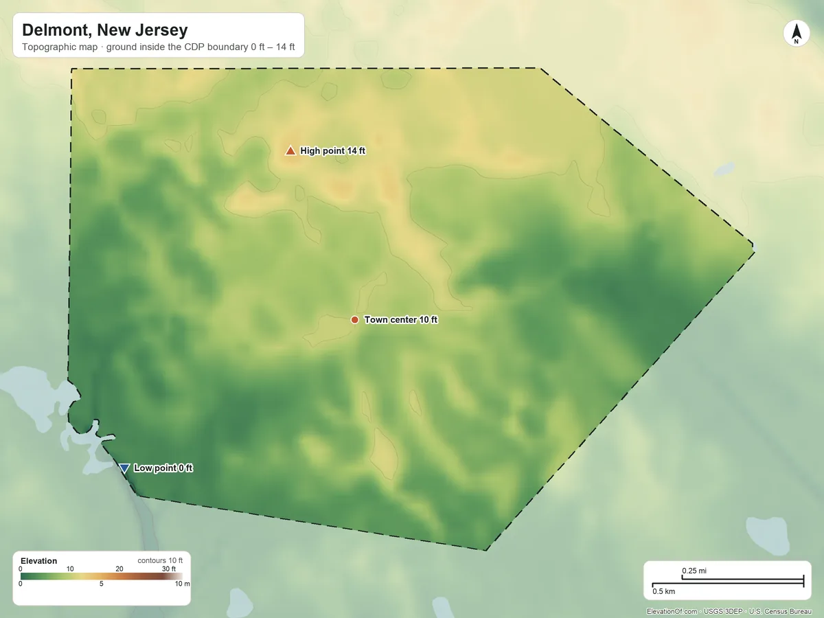 Topographic elevation map of Delmont, New Jersey, shaded from 0 ft on the southwest side to 14 ft on the north side