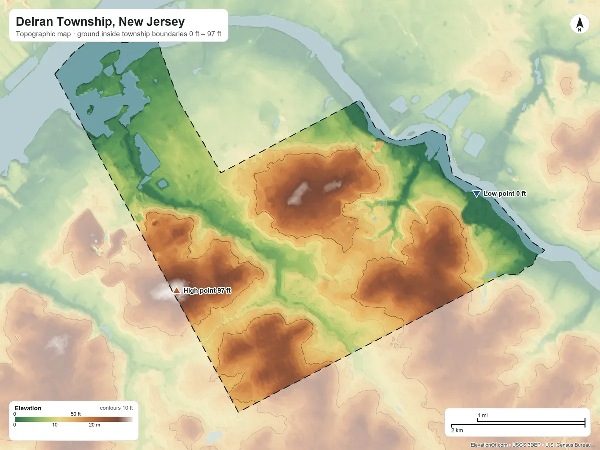 Topographic elevation map of Delran Township, New Jersey, shaded from 0 ft on the east side to 97 ft on the west side