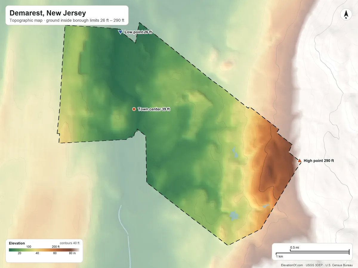 Topographic elevation map of Demarest, New Jersey, shaded from 26 ft on the north side to 290 ft on the east side