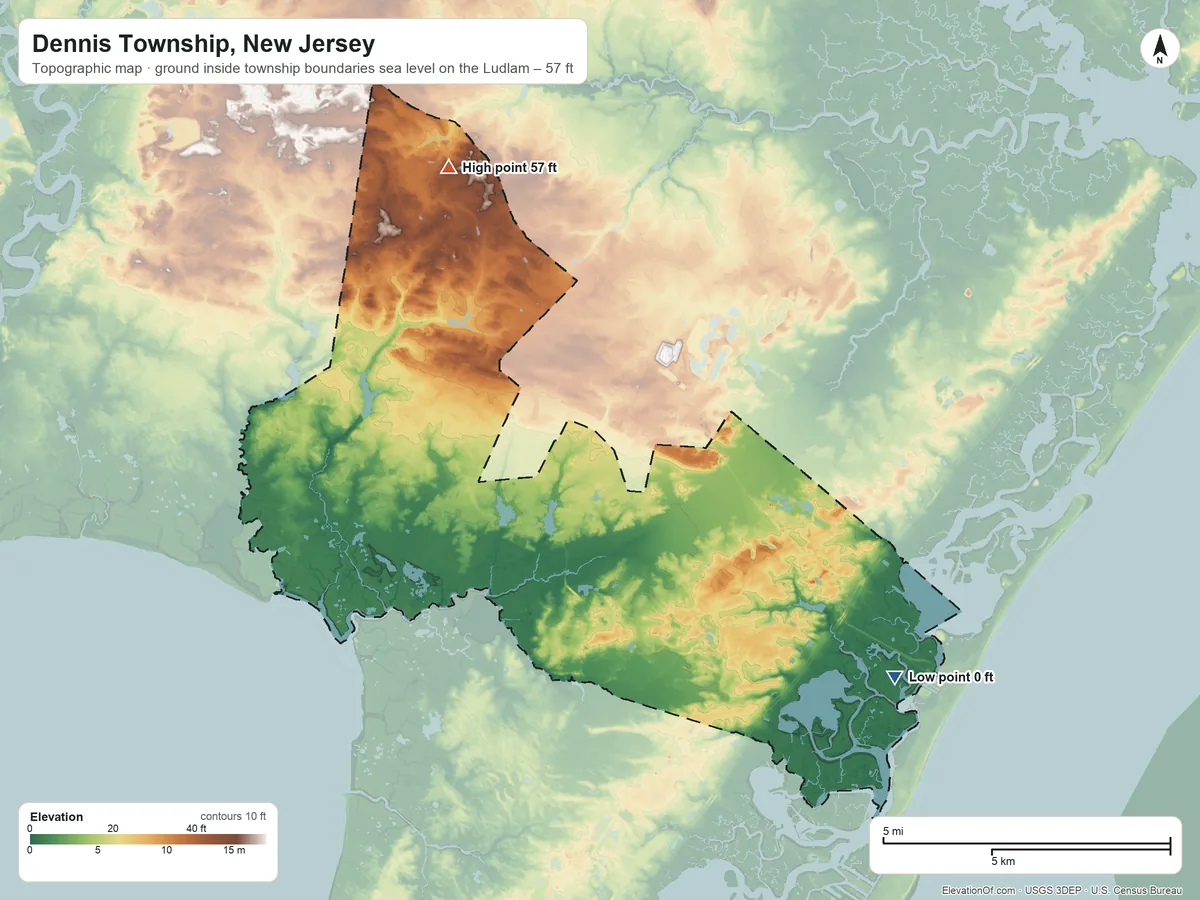 Topographic elevation map of Dennis Township, New Jersey, shaded from sea level level on the Ludlam to 57 ft on the northwest side