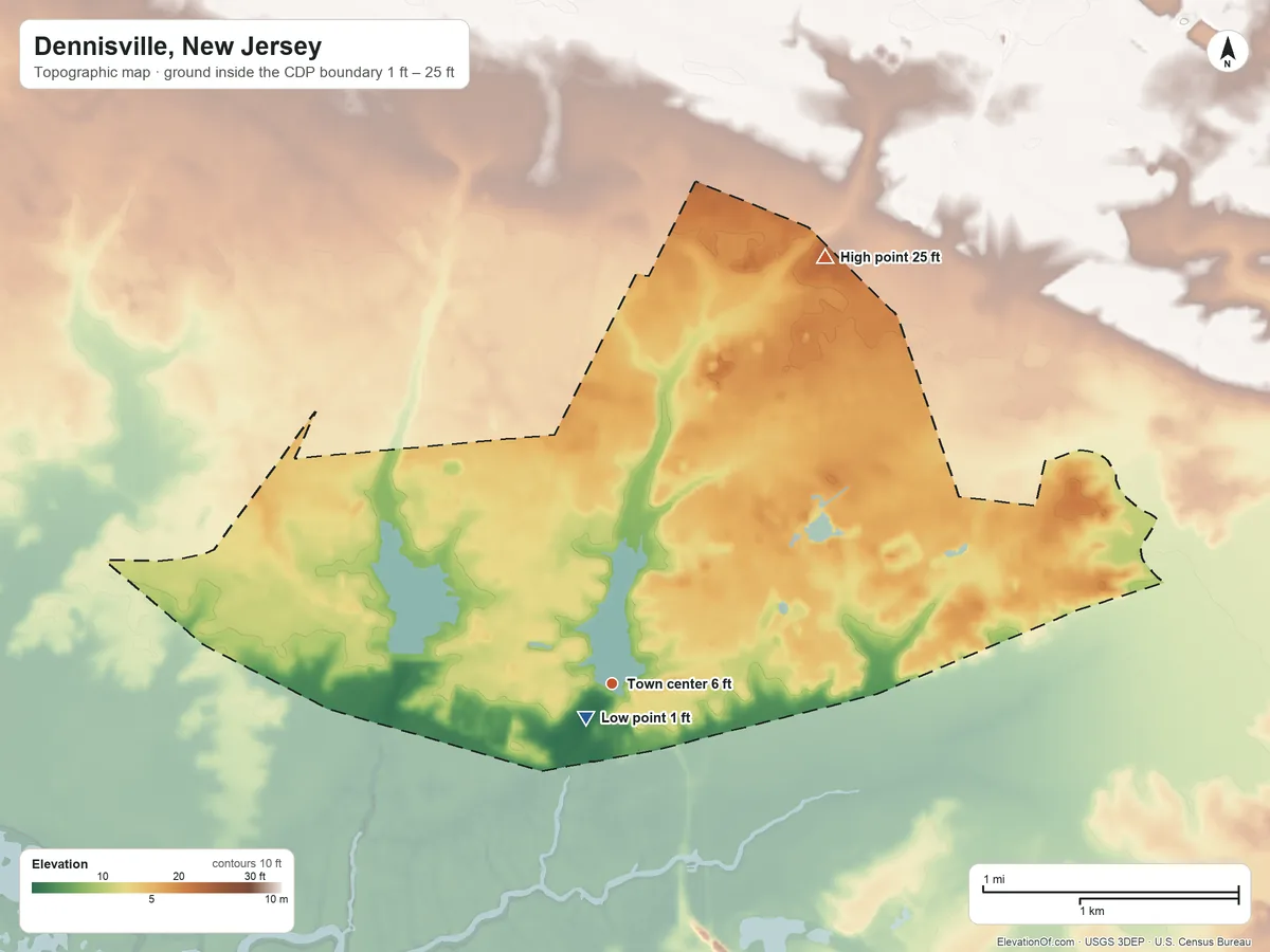 Topographic elevation map of Dennisville, New Jersey, shaded from 1 ft near the middle to 25 ft on the northeast side