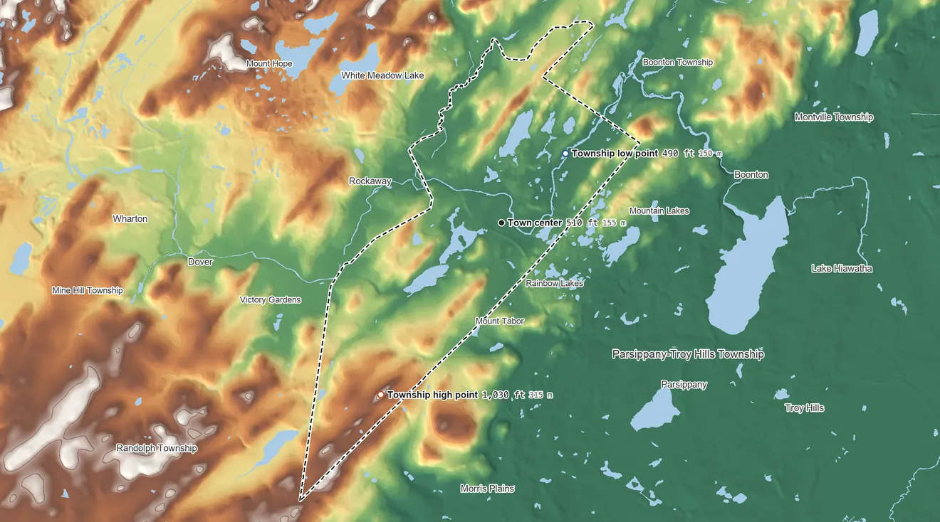 Topographic elevation map of Denville Township, New Jersey, shaded from 490 ft on the northeast side to 1,030 ft on the southwest side