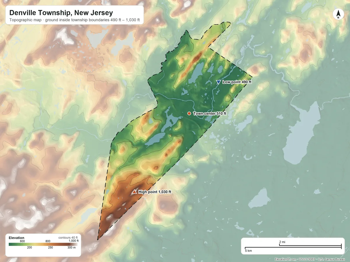 Topographic elevation map of Denville Township, New Jersey, shaded from 490 ft on the northeast side to 1,030 ft on the southwest side