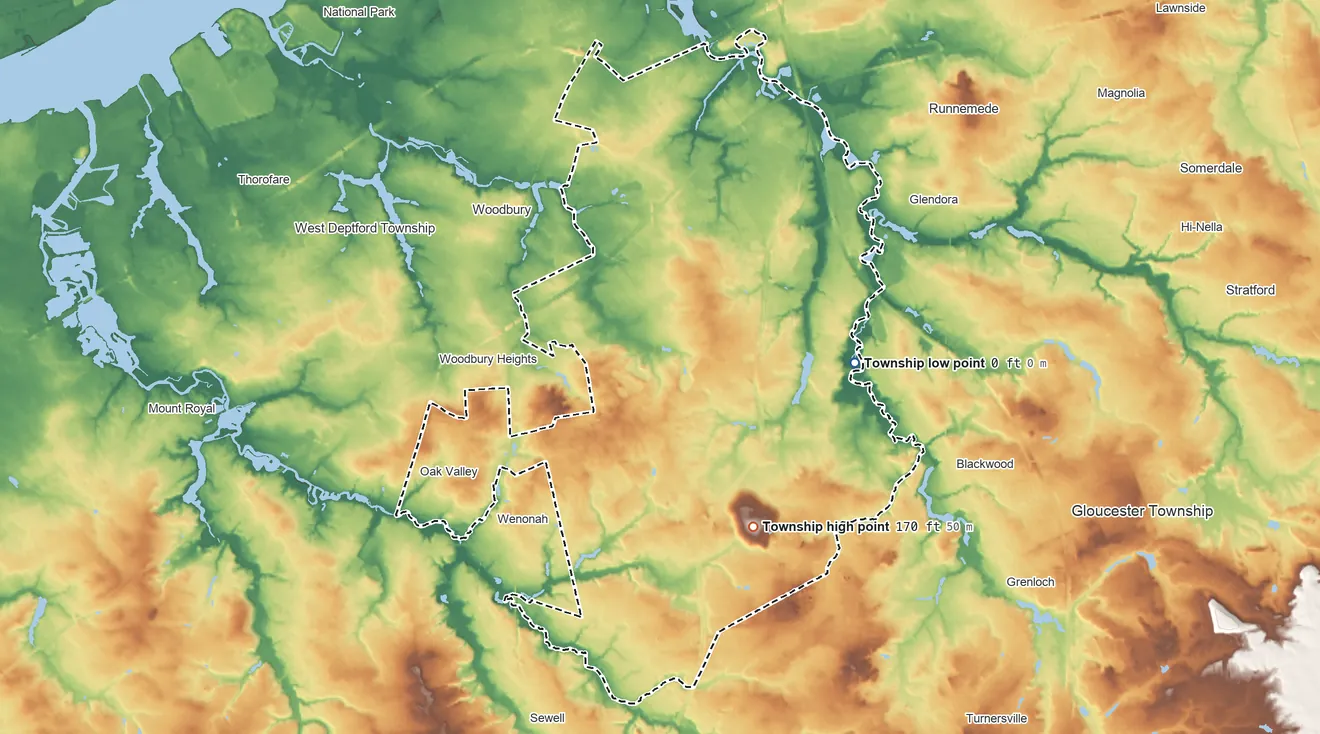 Topographic elevation map of Deptford Township, New Jersey, shaded from 0 ft on the east side to 170 ft on the southeast side