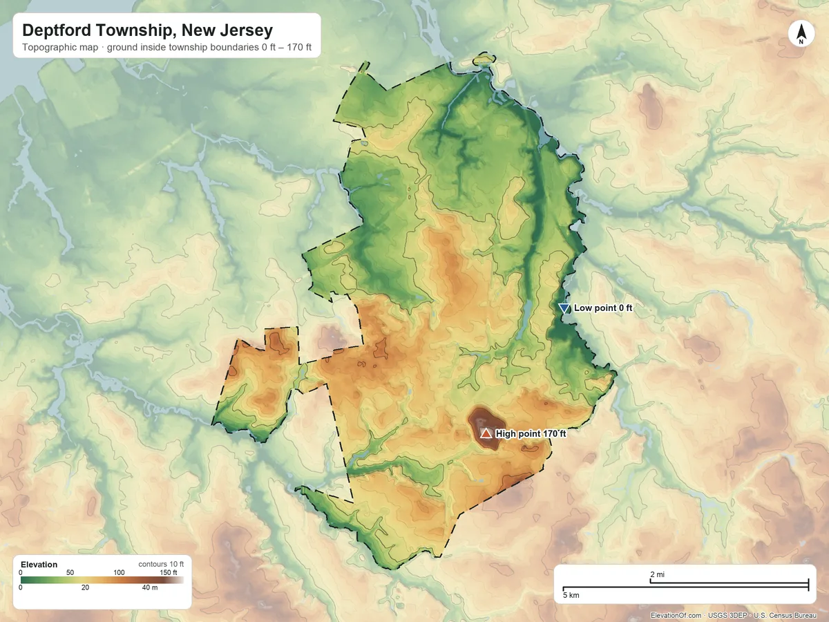 Topographic elevation map of Deptford Township, New Jersey, shaded from 0 ft on the east side to 170 ft on the southeast side