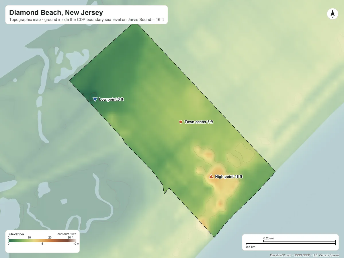 Topographic elevation map of Diamond Beach, New Jersey, shaded from sea level level on Jarvis Sound to 16 ft on the southeast side