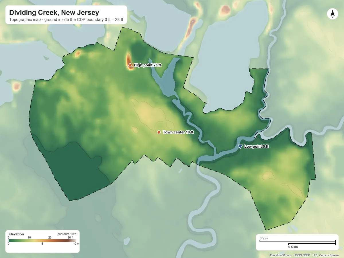 Topographic elevation map of Dividing Creek, New Jersey, shaded from 0 ft on the east side to 28 ft on the northwest side