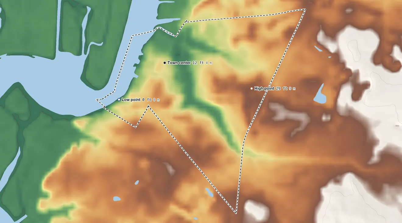 Topographic elevation map of Dorchester, New Jersey, shaded from 0 ft on the southwest side to 29 ft on the east side