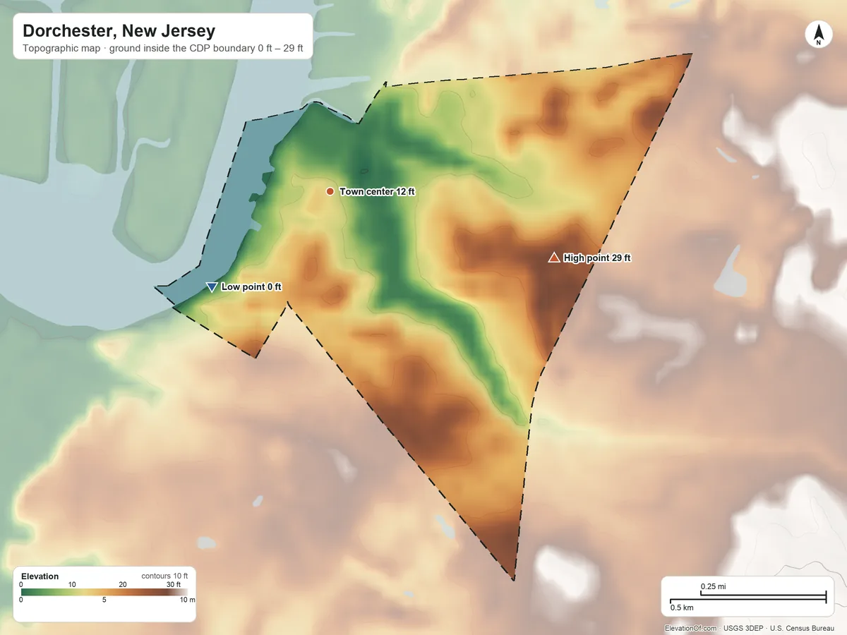 Topographic elevation map of Dorchester, New Jersey, shaded from 0 ft on the southwest side to 29 ft on the east side