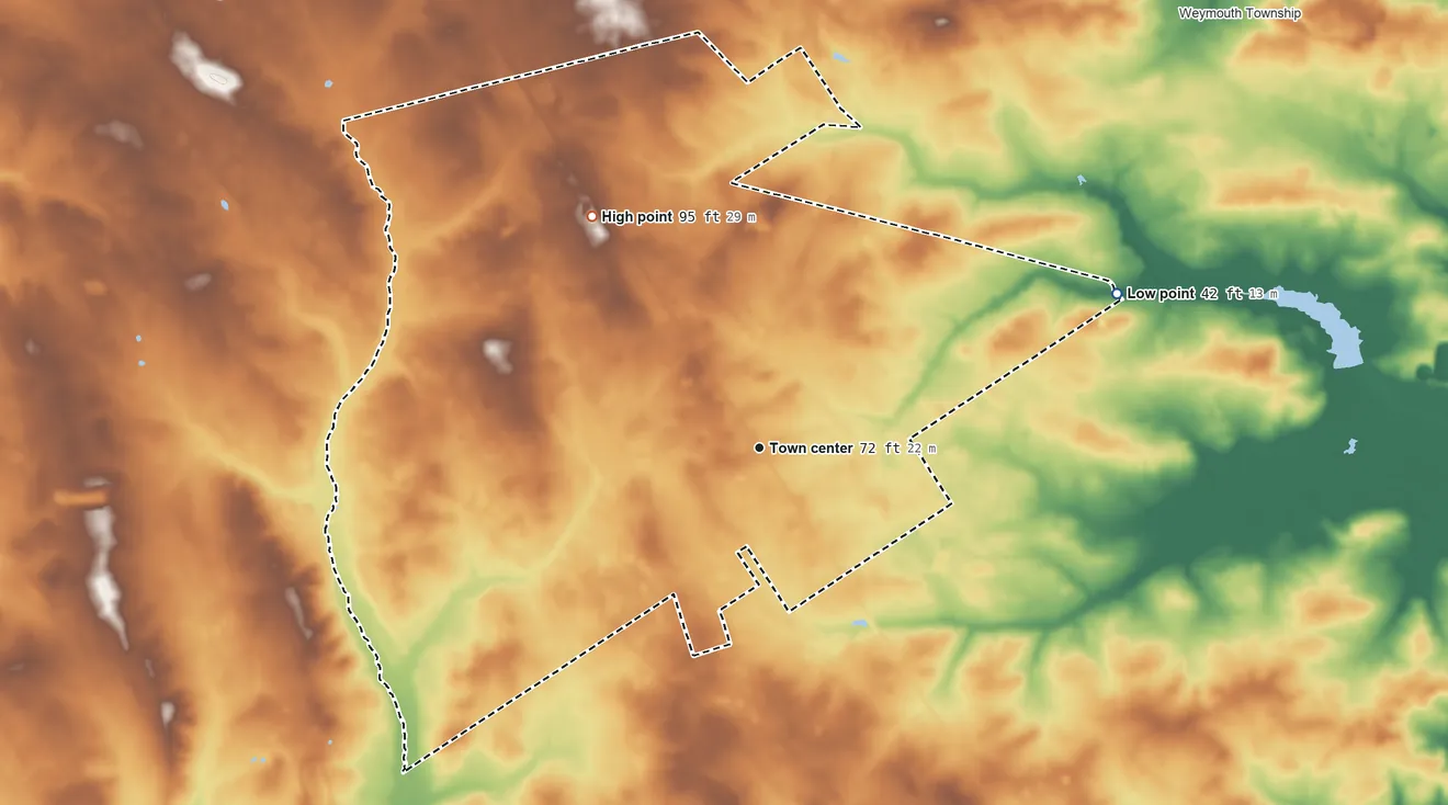 Topographic elevation map of Dorothy, New Jersey, shaded from 42 ft on the northeast side to 95 ft on the northwest side