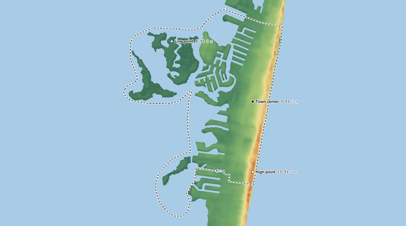 Topographic elevation map of Dover Beaches North, New Jersey, shaded from sea level level on Barnegat Bay to 23 ft on the south side