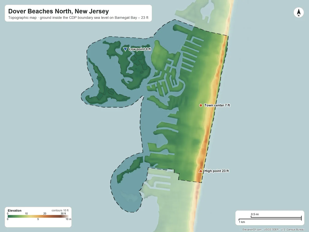 Topographic elevation map of Dover Beaches North, New Jersey, shaded from sea level level on Barnegat Bay to 23 ft on the south side