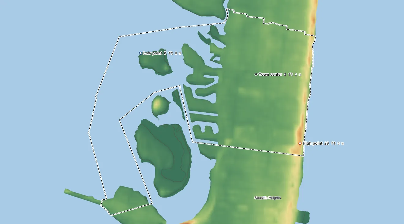 Topographic elevation map of Dover Beaches South, New Jersey, shaded from sea level level on Barnegat Bay to 20 ft on the southeast side