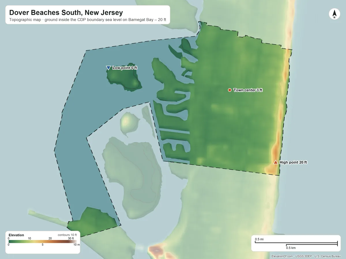 Topographic elevation map of Dover Beaches South, New Jersey, shaded from sea level level on Barnegat Bay to 20 ft on the southeast side