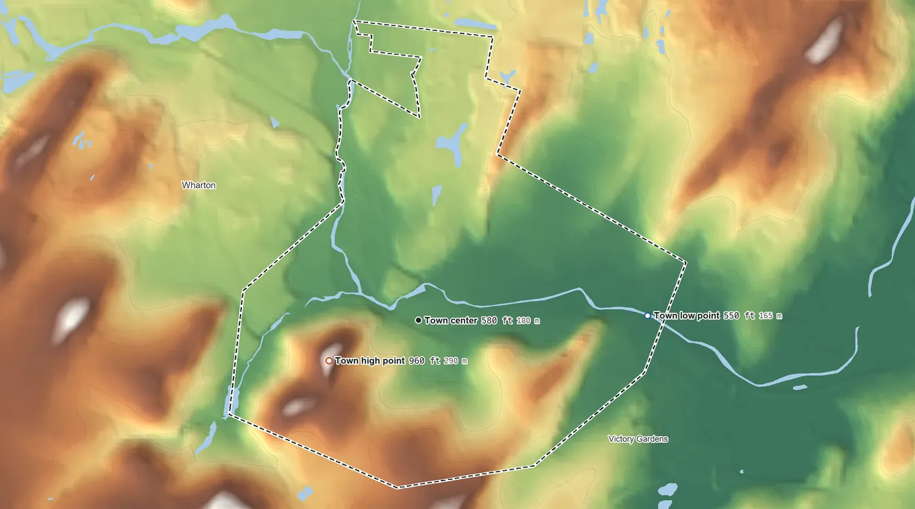 Topographic elevation map of Dover, New Jersey, shaded from 550 ft on the east side to 960 ft on the southwest side