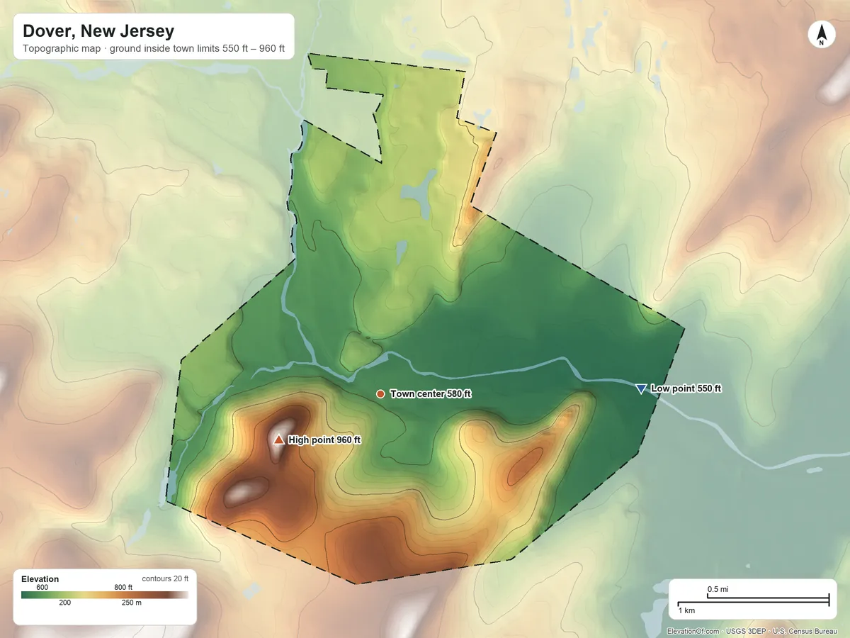 Topographic elevation map of Dover, New Jersey, shaded from 550 ft on the east side to 960 ft on the southwest side