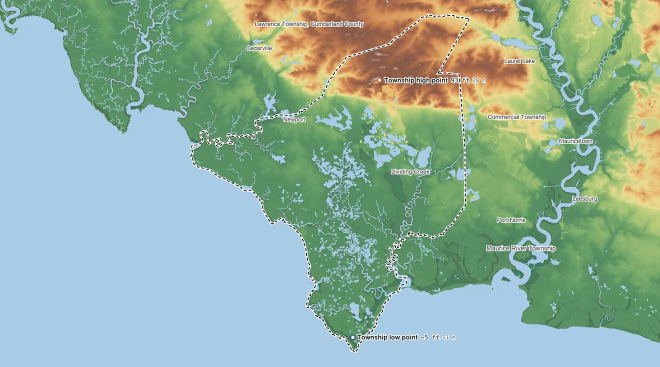 Topographic elevation map of Downe Township, New Jersey, shaded from −5 ft on the south side to 93 ft on the northeast side