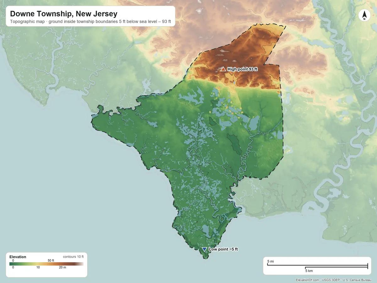 Topographic elevation map of Downe Township, New Jersey, shaded from −5 ft on the south side to 93 ft on the northeast side