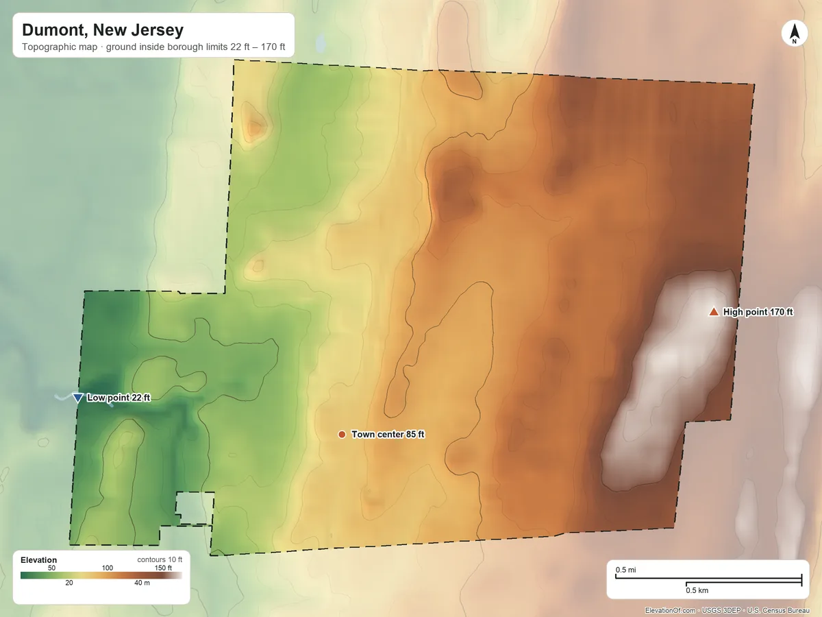 Topographic elevation map of Dumont, New Jersey, shaded from 22 ft on the west side to 170 ft on the east side