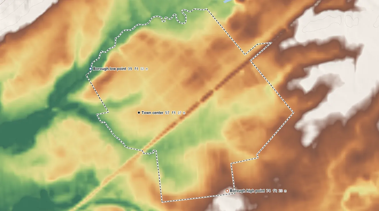 Topographic elevation map of Dunellen, New Jersey, shaded from 39 ft on the northwest side to 74 ft on the southeast side