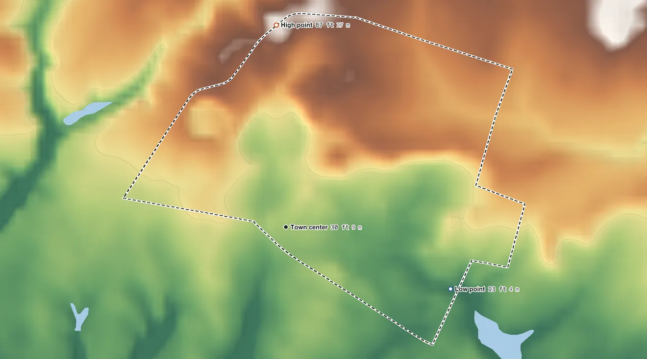 Topographic elevation map of Dutch Neck, New Jersey, shaded from 13 ft on the east side to 87 ft on the north side
