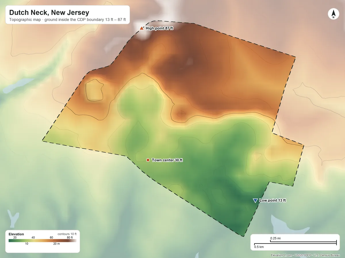 Topographic elevation map of Dutch Neck, New Jersey, shaded from 13 ft on the east side to 87 ft on the north side