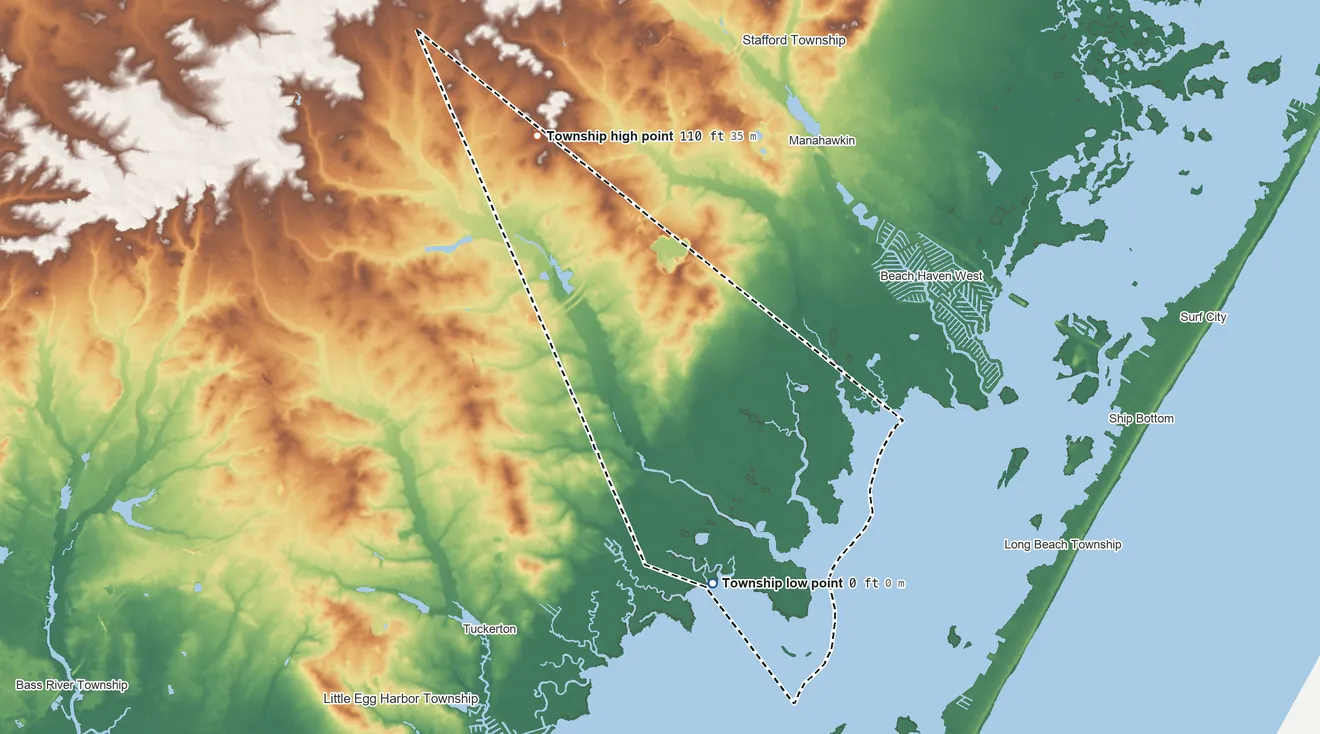 Topographic elevation map of Eagleswood Township, New Jersey, shaded from sea level level on Parker Cove to 110 ft on the northwest side