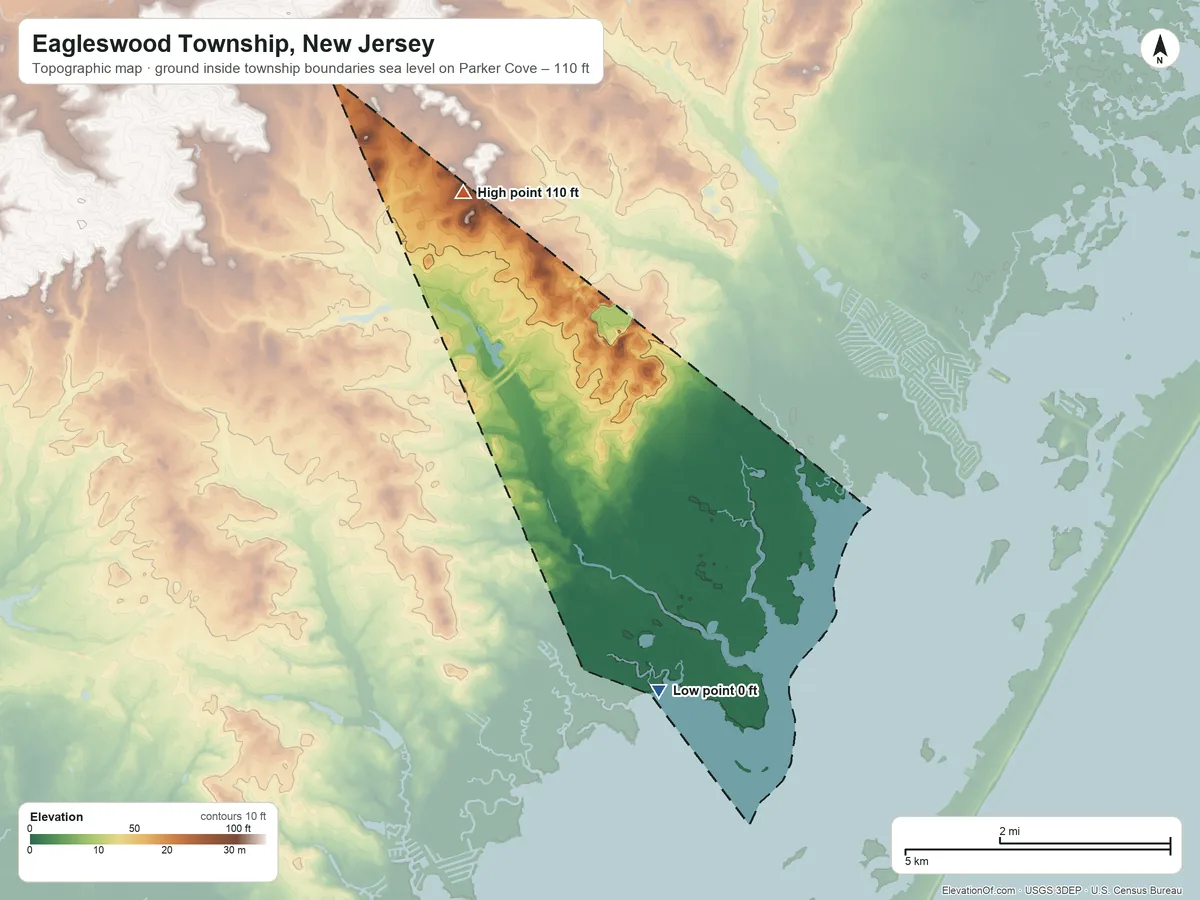 Topographic elevation map of Eagleswood Township, New Jersey, shaded from sea level level on Parker Cove to 110 ft on the northwest side
