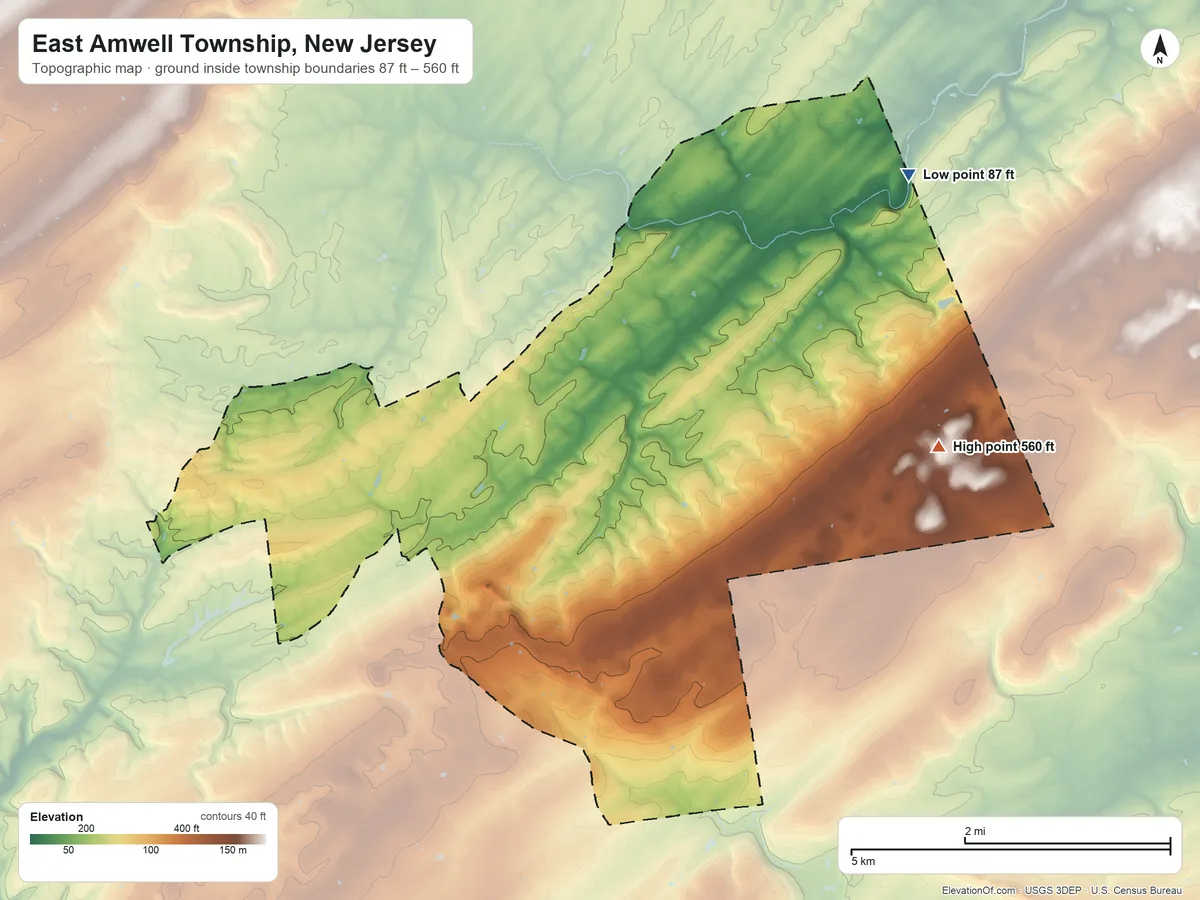 Topographic elevation map of East Amwell Township, New Jersey, shaded from 87 ft on the northeast side to 560 ft on the east side